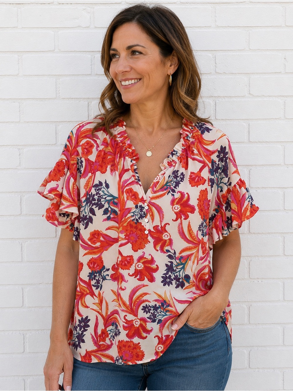 Cynthia Rowley Floral Ruffle Sleeve Blouse 1X Pink Orange Tropical Boho Top